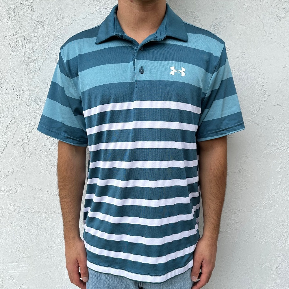 Men's Blue & White Striped Under Armour Short Sleeve Golf Polo Shirt Size Large